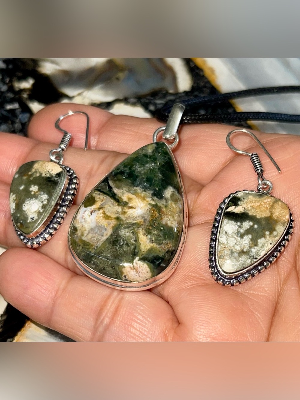 Derp Green Ocean Jasper Pendant & Earrings Set
